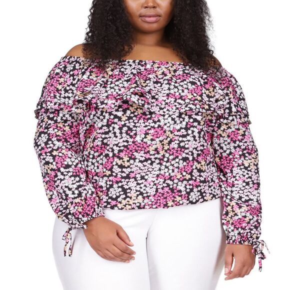 Michael Kors Plus Size Off-the-shoulder Peasant Top In Cerise - 0X - Picture 2 of 3